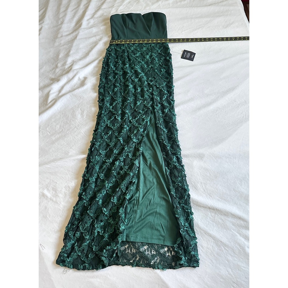 Lulus Dark Green Strapless 3D Rosette Lace Maxi Dress High Slit Gown Small NEW - Picture 2 of 6